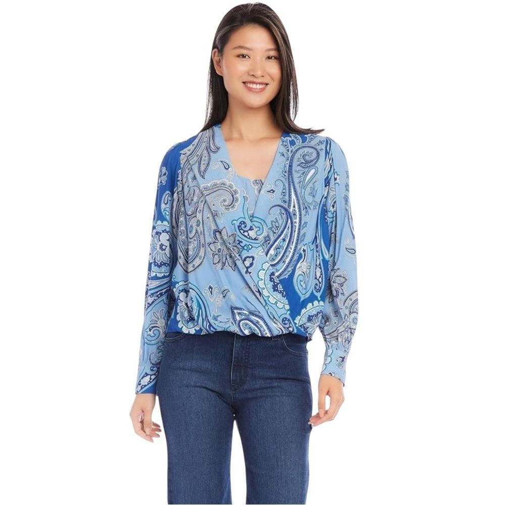 Karen Kane Blue Paisley Drape Front Women's Top